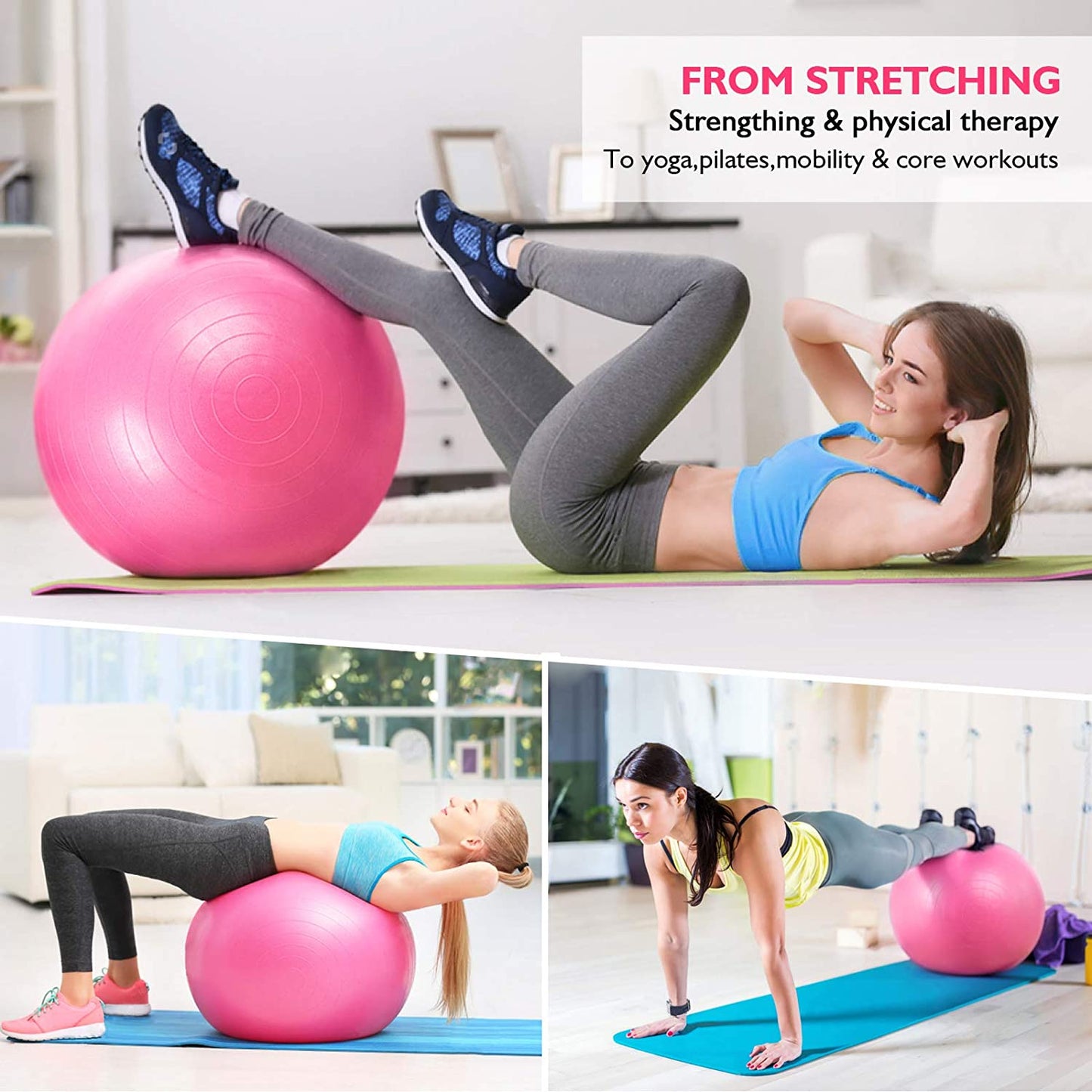 RENRANRING Exercise Ball for Yoga - 11-In-1 Yoga Ball Set with Resistance Bands, Yoga Block, Pump, Workout Balls for Exercise, Stability, Office Ball Chair, Home & Gyms (Pink)