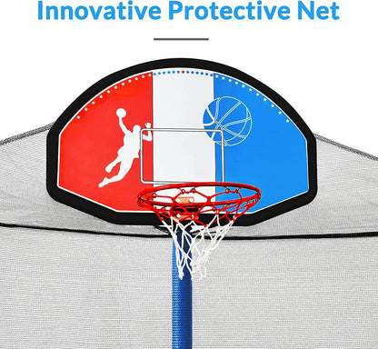 15 FT Trampoline with Safety Enclosure Net, Basketball Hoop and Ladder - 800LB ASTM Approved Kids Basketball Trampoline (Tricolor Backboard)