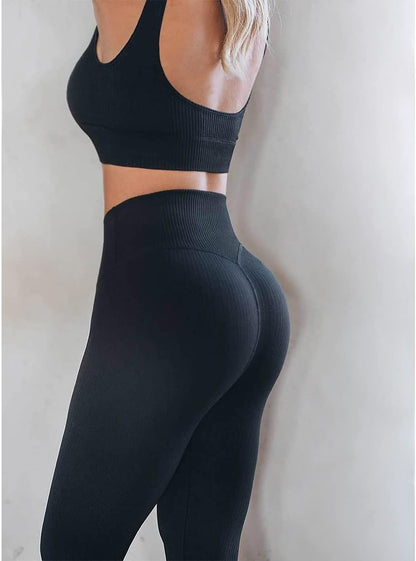 Exercise Outfits for Women 2 Pieces Ribbed Seamless Yoga Outfits Sports Bra and Leggings Set Tracksuits 2 Piece