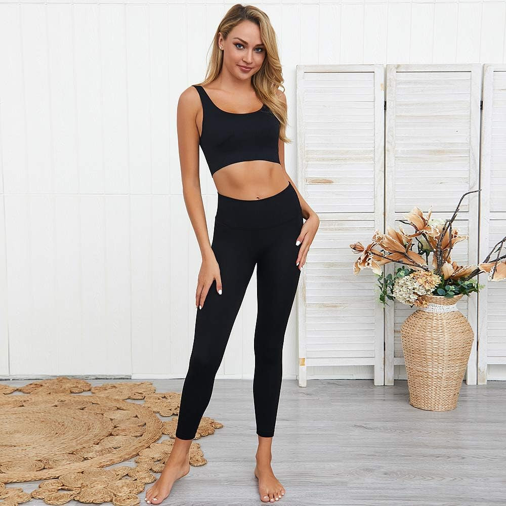 Exercise Outfits for Women 2 Pieces Ribbed Seamless Yoga Outfits Sports Bra and Leggings Set Tracksuits 2 Piece
